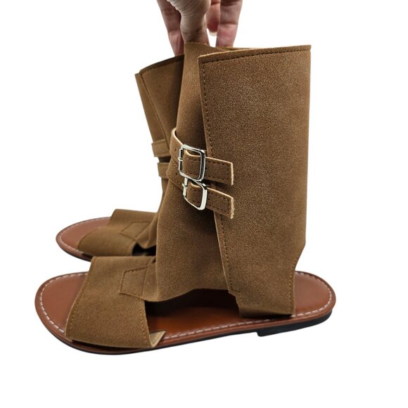 Women's Faux Suede Brown Cuff Mid-Calf Open Toe Slip-on Flat Sandals Size 8 (39) - Picture 3 of 6